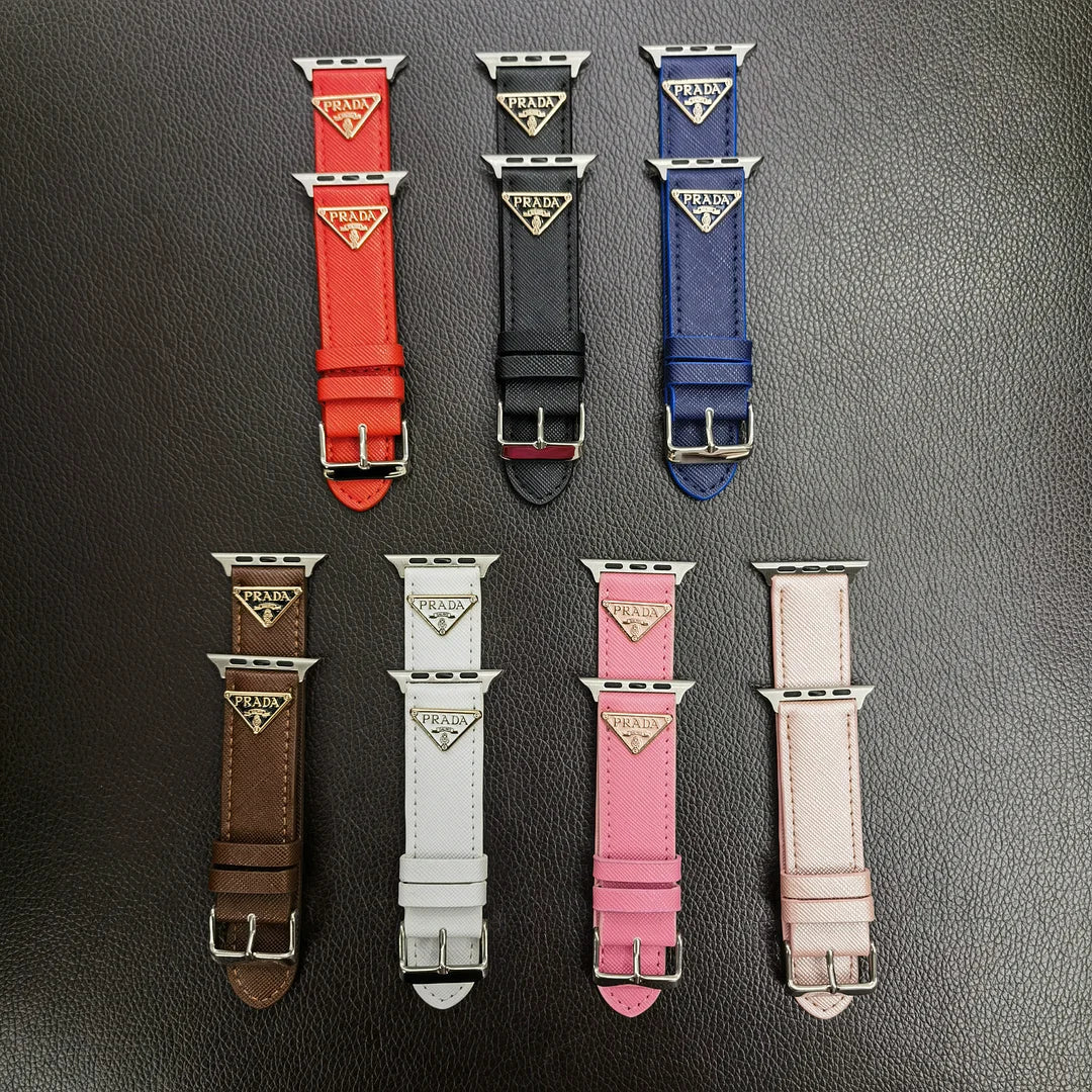 Tali Jam Tangan Kulit Apple Watch dengan Label Monogram Segitiga Ganda