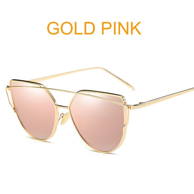 Cat Eye Vintage Brand Designer Rose Gold Mirror Sunglasses For Women Metal Reflective flat lens Sun Glasses Female oculos