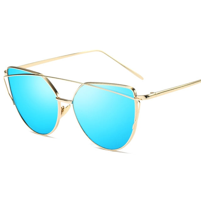 Cat Eye Vintage Brand Designer Rose Gold Mirror Sunglasses For Women Metal Reflective flat lens Sun Glasses Female oculos