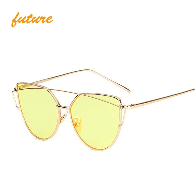 Cat Eye Vintage Brand Designer Rose Gold Mirror Sunglasses For Women Metal Reflective flat lens Sun Glasses Female oculos