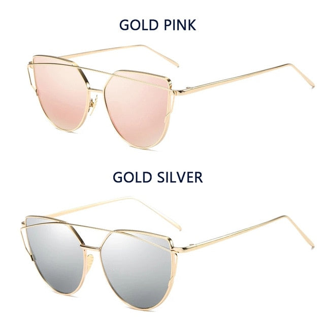 Cat Eye Vintage Brand Designer Rose Gold Mirror Sunglasses For Women Metal Reflective flat lens Sun Glasses Female oculos